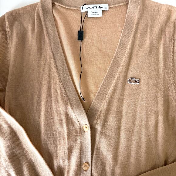 LACOSTE NWOT 100% Merino Wool Classic Cardigan in Tan Size 44/ M - Picture 6 of 12